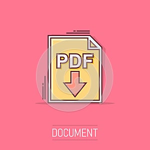 Cartoon PDF icon in comic style. Document illustration pictogram. File sign splash business concept