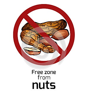 Cartoon peanut in the prohibition sign. Free zone from nuts. Ban on allergens. Allergy Alert. Badges with forbiddance