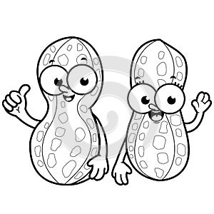 Cartoon peanuts. Cute peanut characters. Vector black and white coloring page.