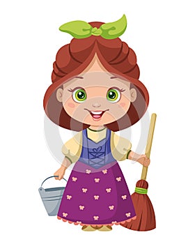 Cartoon peasant girl with bucket and mop. Cinderella as maid. Cartoon vector illustration