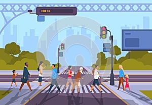 Cartoon pedestrians. City crosswalk with diverse people and no traffic, urban cityscape with people hurry at work