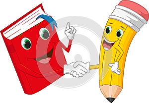 Cartoon pencil and books shake hands