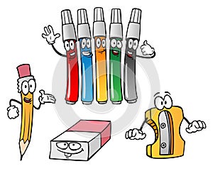Cartoon pencil, eraser, markers, sharpener