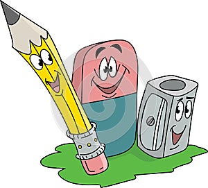 A cartoon pencil, eraser and a sharpener smiling vector illustration