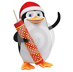 Cartoon penguin character with big firewalker on white background. 3d rendering. Illustration for advertising