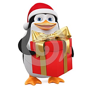 Cartoon penguin character with big gift on white background. 3d rendering. Illustration for advertising