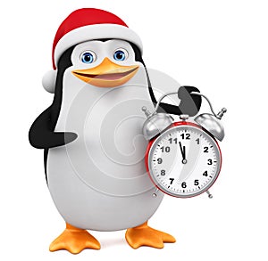 Cartoon penguin character in Christmas clothes indicates the alarm clock on a white background. 3d rendering. Illustration for