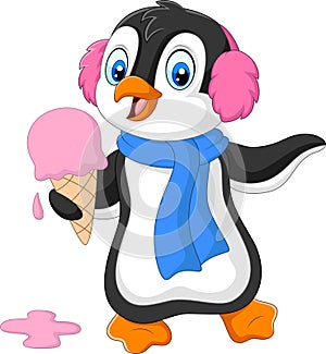 Cartoon penguin with earmuffs and scarf eats an ice cream