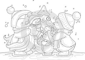 Cartoon penguin family in hats and scarfs decorating tree sketch template.