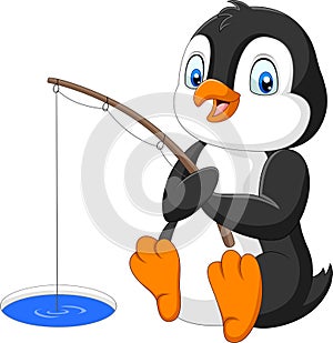 Cartoon Penguin fishing on the arctic ice