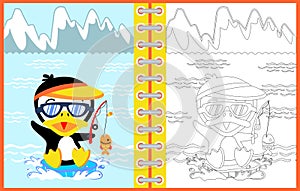 Cartoon of penguin fishing time, coloring page or book