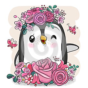 Cartoon Penguin with flowers on a white background