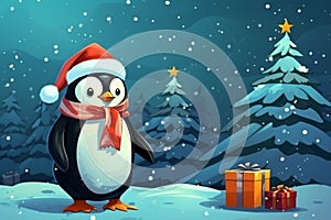 cartoon penguin with gifts in a Christmas hat watercolor illustration