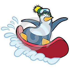 Cartoon Penguin with goggles on a snowboard