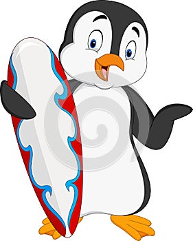 Cartoon penguin holding surfboard