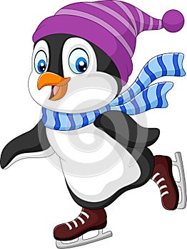 Cartoon penguin ice skating isolated on white background