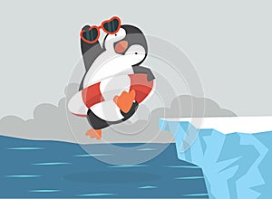 Cartoon penguin inflatable ring  jumping on  Iceberg