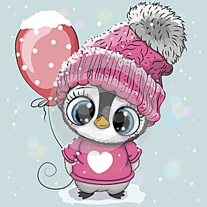 Cartoon Penguin in a pink hat and sweater with a balloon photo