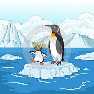 Cartoon penguin playing on ice floe