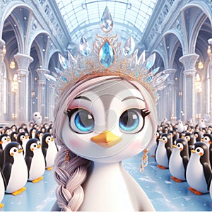 Cartoon penguin queen in ice palace with subjects