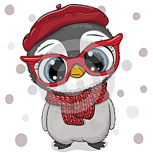 Cartoon Penguin in red beret with red glasses photo