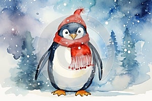 cartoon penguin in a red cap on the background of Christmas trees,watercolor illustration