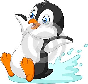 Cartoon penguin sliding on water