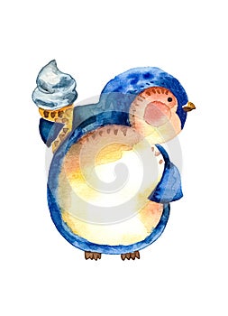 Cartoon penguin with a waffle cone of delicious ice cream is holding in his hand. White background.