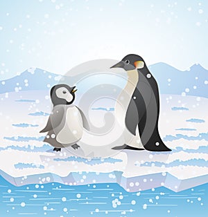 Cartoon penguins on icy landscape. vector
