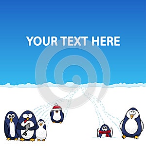 Cartoon penguins in snow polar landscape - vector background