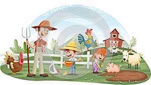 Cartoon people and animals on the farm