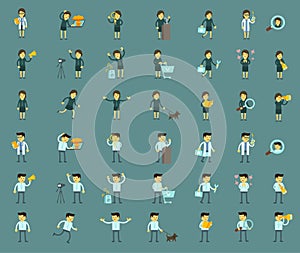 Cartoon people big set character. Man and woman bundle. Collection illustrations. Different situations on blue background