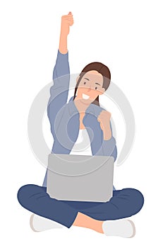 Cartoon people character design cheerful young girl sitting on a floor with a laptop on the crossed legs