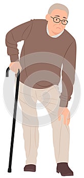 Cartoon people character design senior man having a knee pain and standing with a walking cane