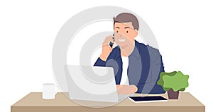 Cartoon people character design young man working on laptop and talking on the mobile phone while sitting by the desk in the