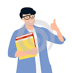 Cartoon people character design young student holding books with thumb up having good idea