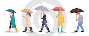 Cartoon people characters holding umbrella walking during autumn rainy day isolated set on white