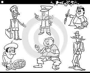 Cartoon people characters and occupations set coloring page