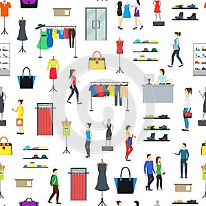 Cartoon People in Clothing Store Seamless Pattern Background. Vector