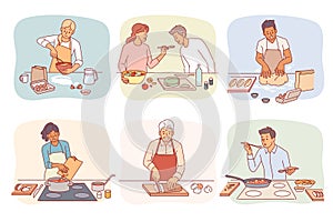Cartoon people cooking. Men and women preparing food. Couple in kitchen. Person baking pastry. Lunch preparation. Dinner