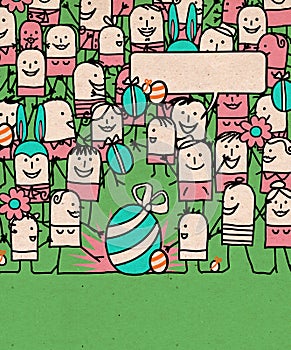 Cartoon People Crowd and Happy Easter Time