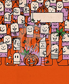 Cartoon People Crowd and Happy Halloween Time