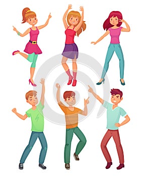 Cartoon people dance. Adult persons smiling and dancing at disco party. Funny partying person vector illustration set