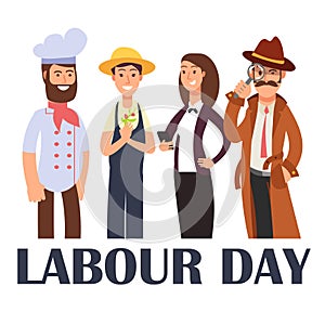 Cartoon people different proffesions isolated on white. Labour Day poster