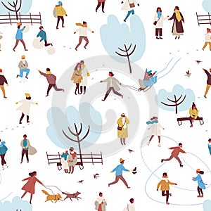 Cartoon people enjoy outdoors activity at winter park seamless pattern vector flat illustration. Man, woman, couple and