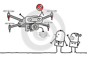 Cartoon people facing a control Drone giving a protection mask against virus