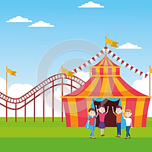 Cartoon people in the fair over fair tent and roller coaster