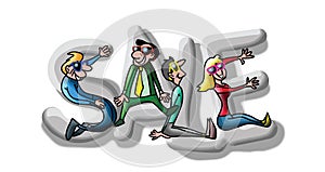 Cartoon people gathered together and formed a sale text vector