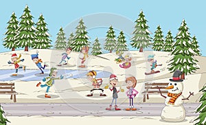 Cartoon people having fun in the park with snow.