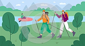 Cartoon people hike. Happy tourists engaged in Scandinavian walking. Outdoor sport activities. Girl in river boat